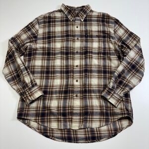 G.H. Bass & Co Mens Large Plaid Flannel Shirt Brown Cream Cotton Button Down